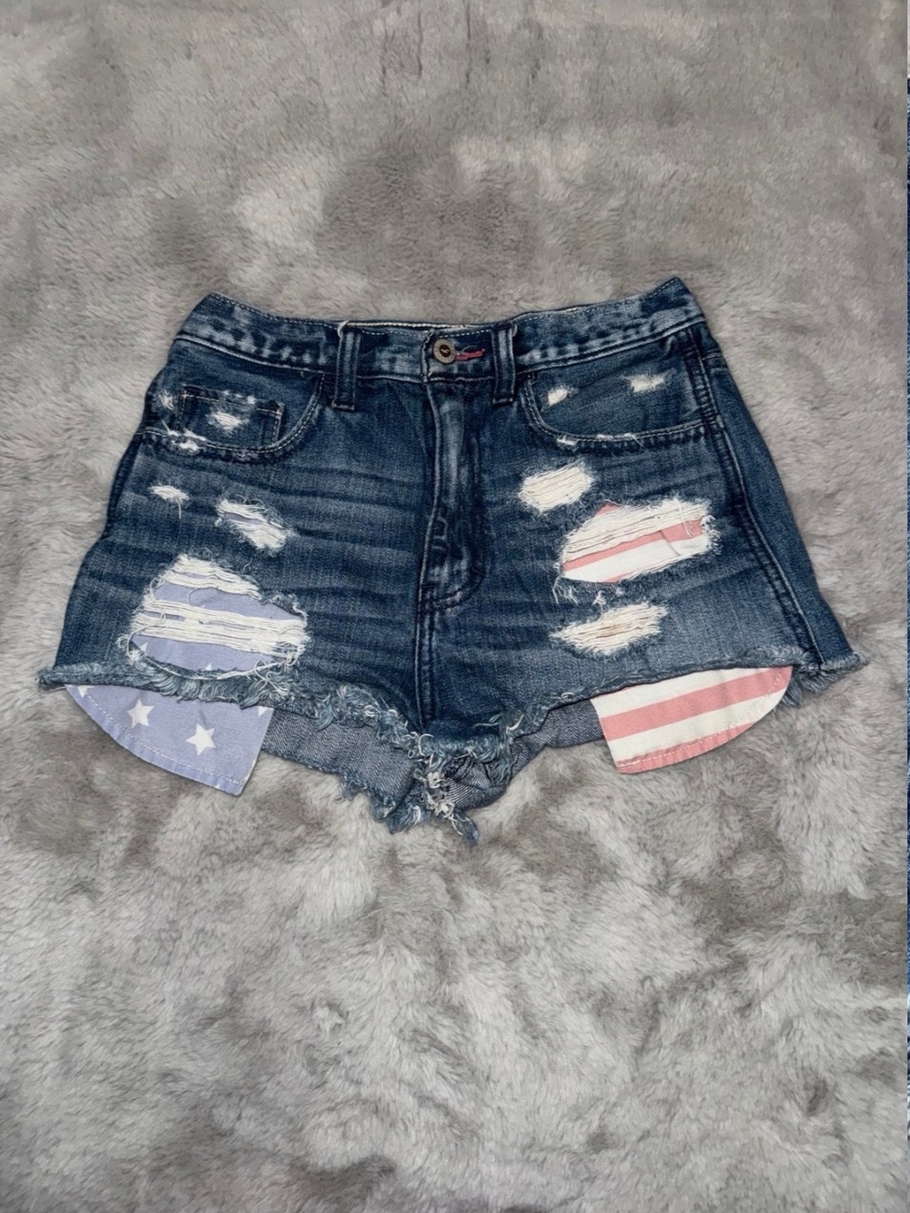 Hollister Dark Blue Distressed Denim Shorts with Flag Patch